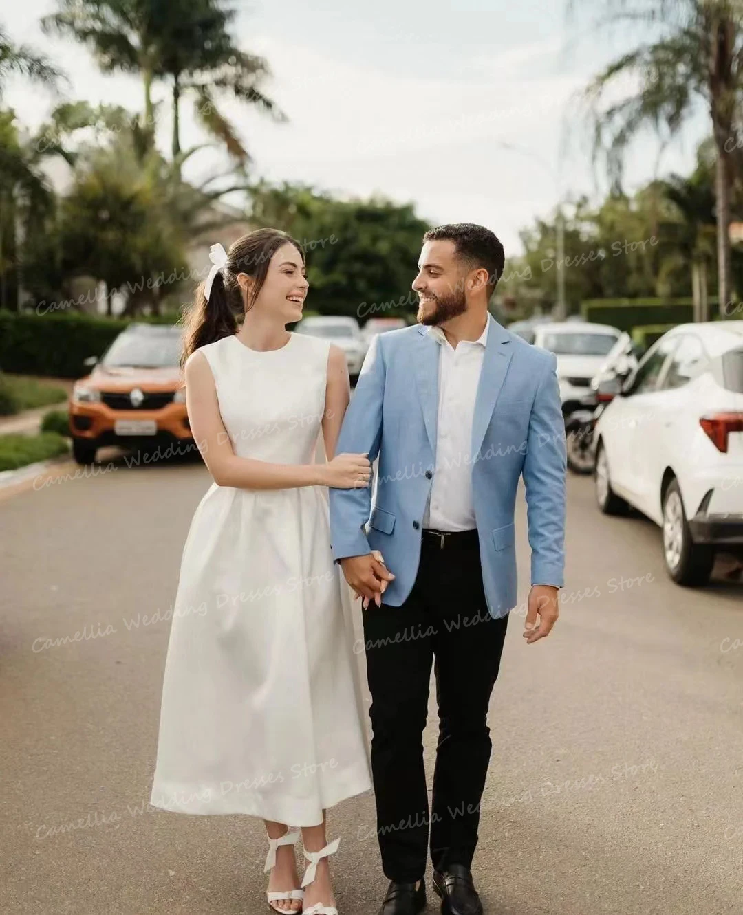 Vestido de novia Formal de satén sin mangas con cuello alto y espalda descubierta para mujer, traje Sexy elegante de lujo, línea A, longitud de té, 2024 웨레스 스