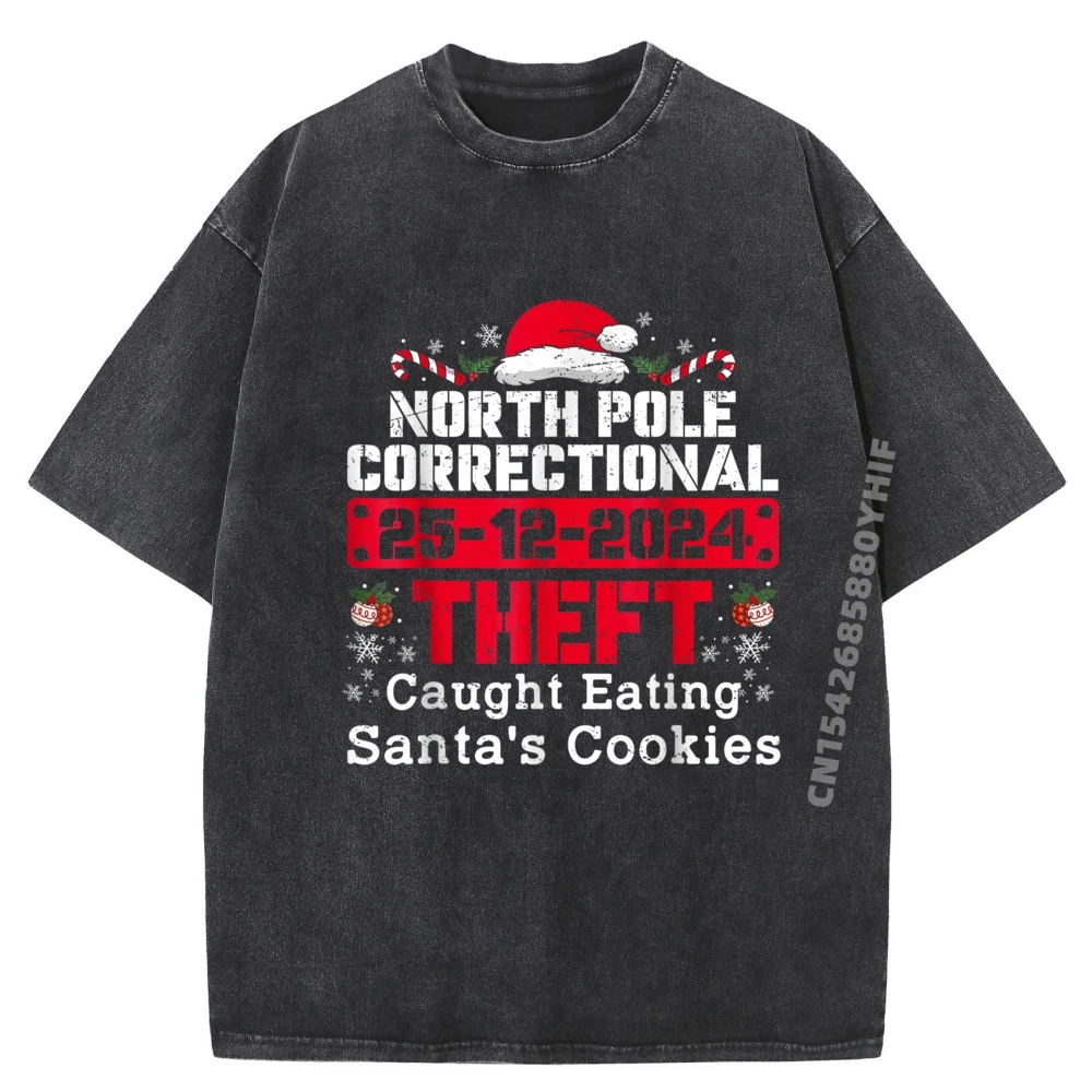 

North Pole Correctional Theft Caught Eating Santas Cookies Camisas Basicas Hombre Vintage Washed Tee Shirt Christmas Day