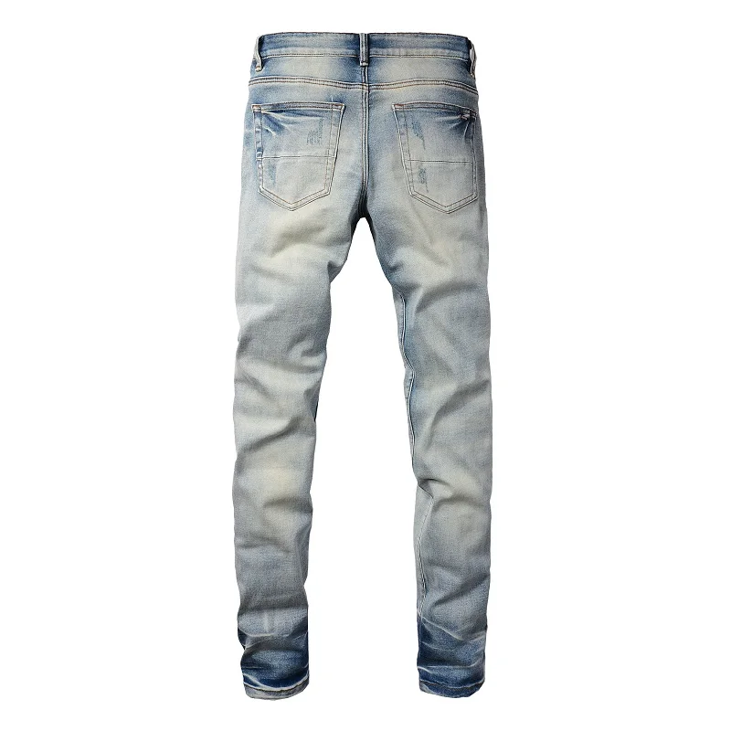 Herren-Lederjeans mit Plissee-Patches, Biker-Stil, Streetwear, Skinny, schmal geschnitten, hochelastisch, Jeanshose mit Löchern, zerrissen, Distressed-Hose – Detail 16