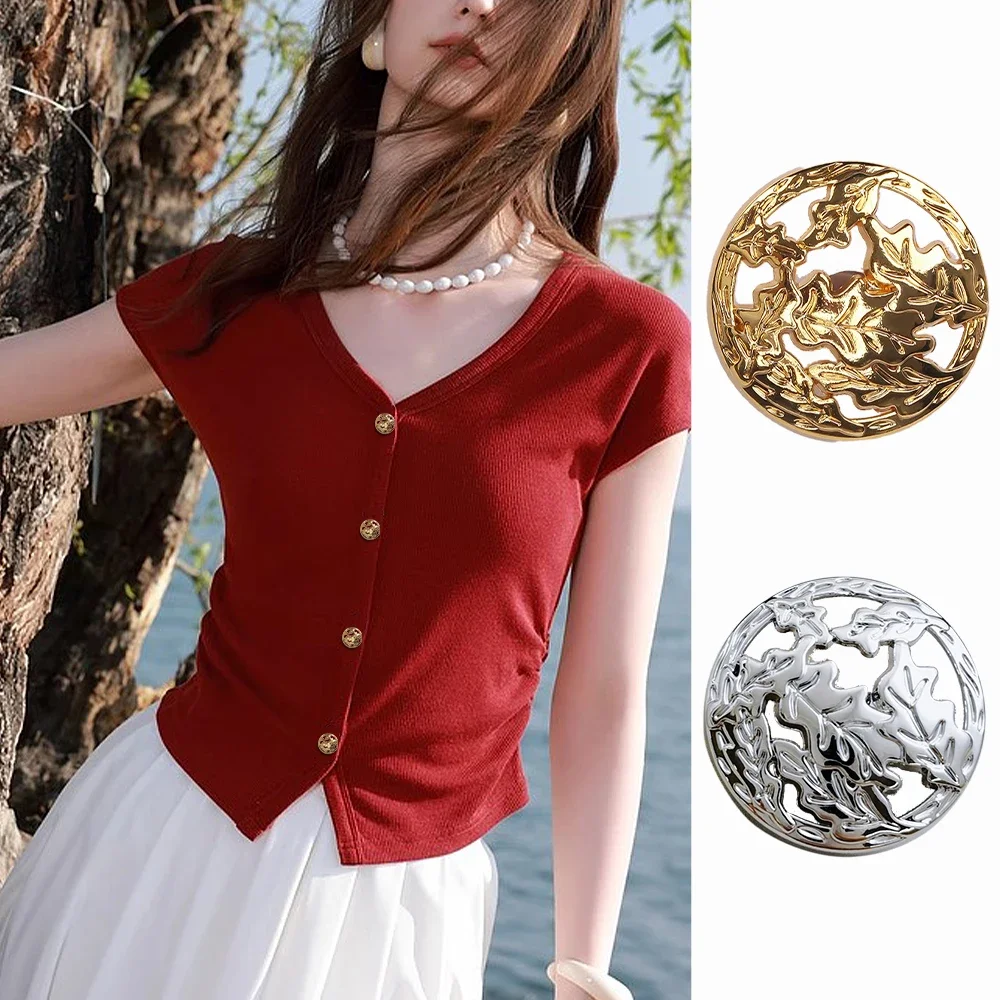 

10pcs Fashion Hollow Leaf Round Metal Buttons for Coat Blouse DIY Sewing - 18/22.5mm Gold/Silver Buttons, Clothing Accessories