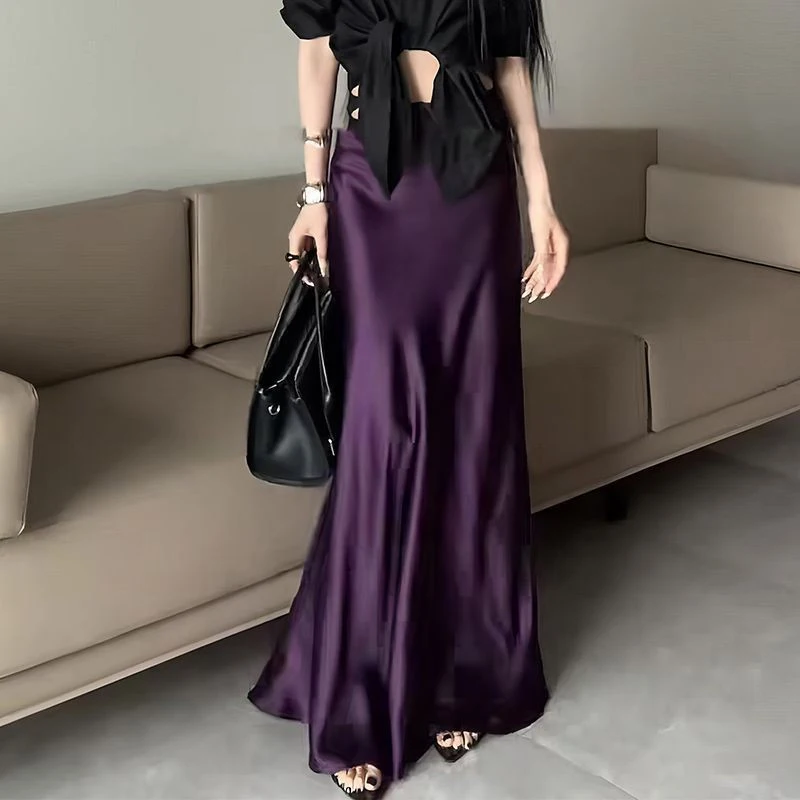 Wrapped Hip Fish Tail Skirt High-end Acetate Midi Skirts Autumn Winter Elegant Purple Party Half Skirt Versatile