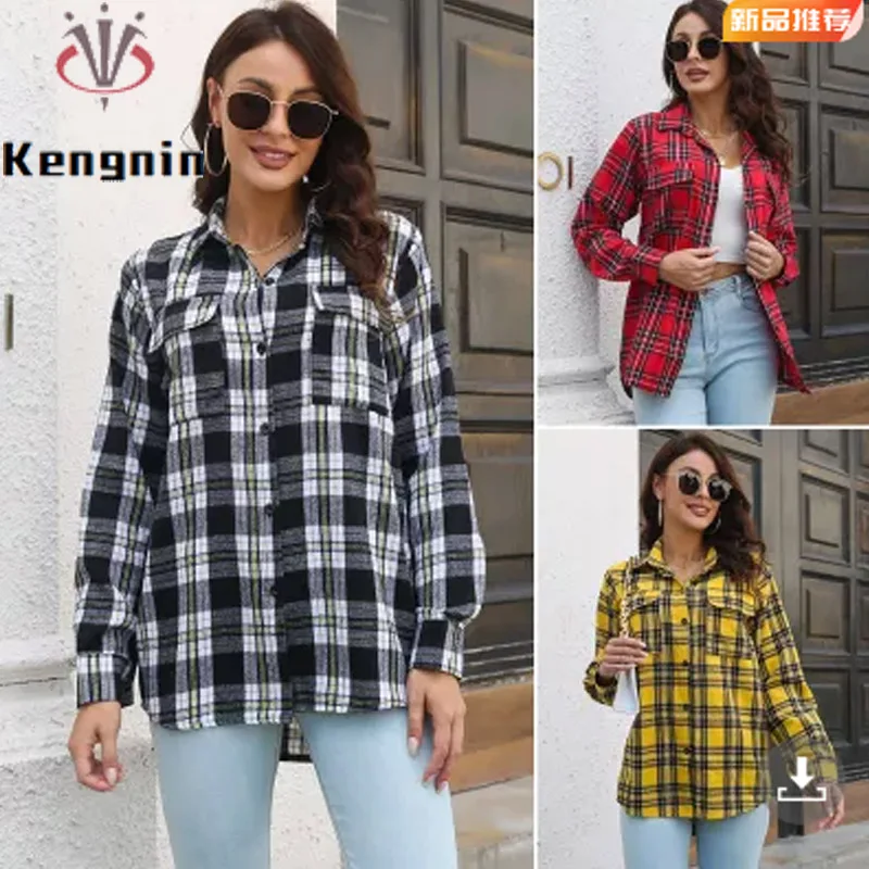 

Plaid Shirts for Women 2024 Thick Office Lady Work Blouse Long Sleeve Loose Female Blause Casual Tops Pockets Clothing KN581