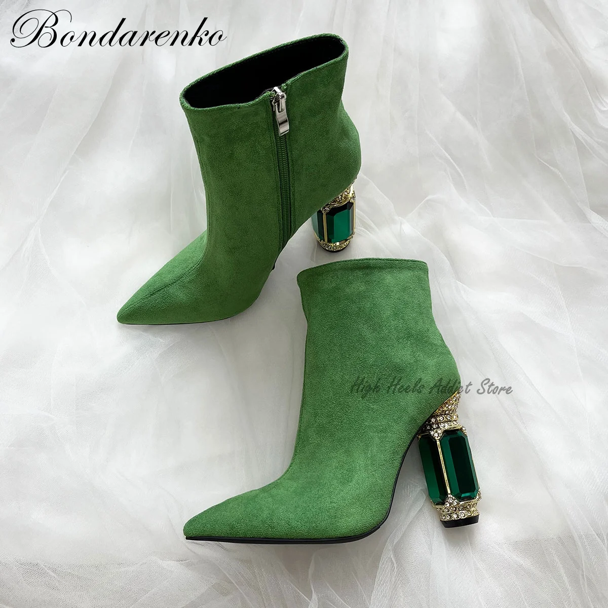 

Women Green Real Leather Glass Heel Ankle Boots Black Suede Pointed Toe Chunky Zipper Gem Booties Luxury Designer Shoes