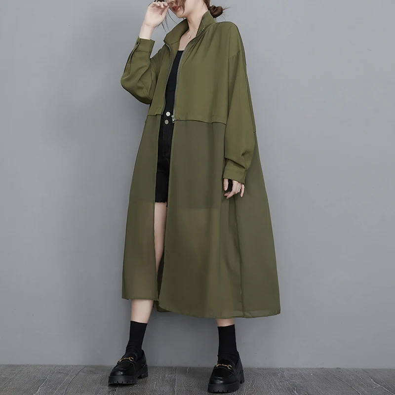 #3451 Spring Summer Black Green Trench Coat For Women Split Joint Chiffon Long Windbreaker Ladies Stand Collar Loose Zipper