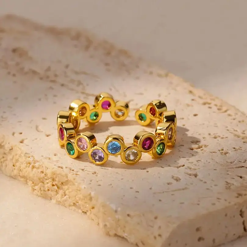 女性のためのレインボージルコンラウンドリング,ステンレス鋼,オープン,ゴールドカラー,ウェディングジュエリー,美的ジュエリー,カップルのギフト,新しいコレクション