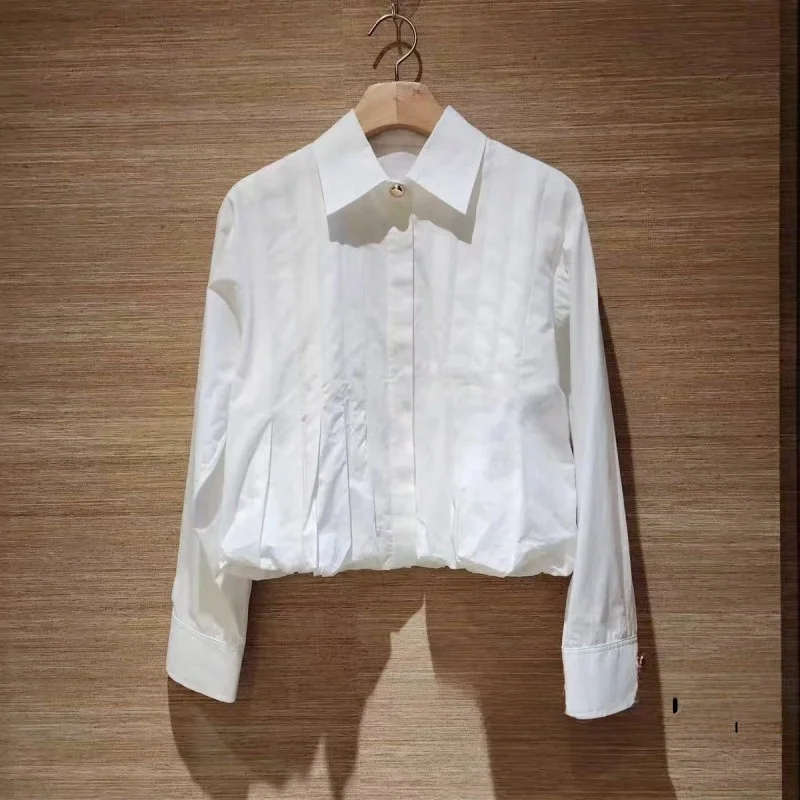 

Early Autumn Sweet Sle Pleated Hem irt Women's Top Cotton Long Sve Straight Cut Faionable Casual irt