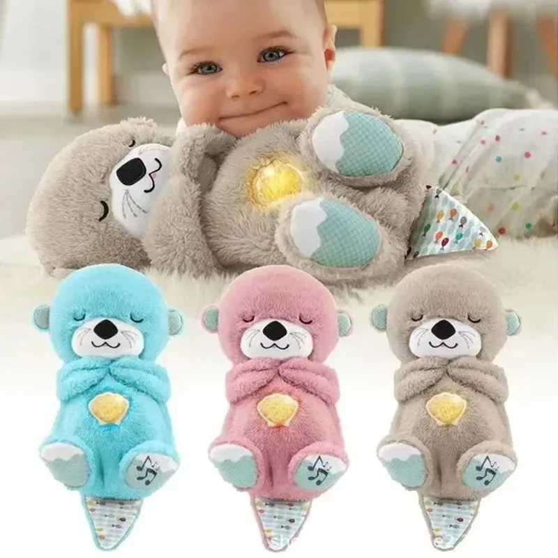 Bebê respirando urso boneca de pelúcia, lontra calmante, companheiro de música dormindo, som e luz, brinquedo presente para crianças
