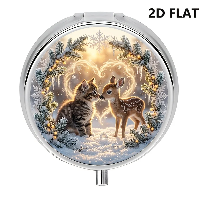 Flat, 1 Pill Box, Mini Decorative Pill Box with Winter Holiday Themed Deer and Kitten Snow Scene, Metal Vitamin Storage Box, Suitable for Travel and Storing Vitamins, Can Be Placed in a Handbag Or, Flat