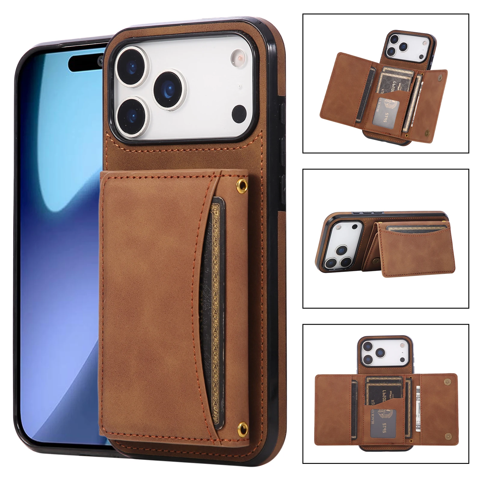 Leather Multi Wallet Cards Holder Phone Case for IPhone 17 Air 16E 16 Pro Max 15 Plus 14 13 12 Mini 11 XR X XS Protective Cover