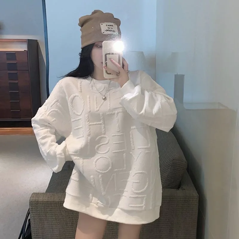 

Autumn Oversized Round Neck Sweatshirt - 3D Letter Leisure Oversized Loose Korean Fashion Long Sleeve Medium Length Tops