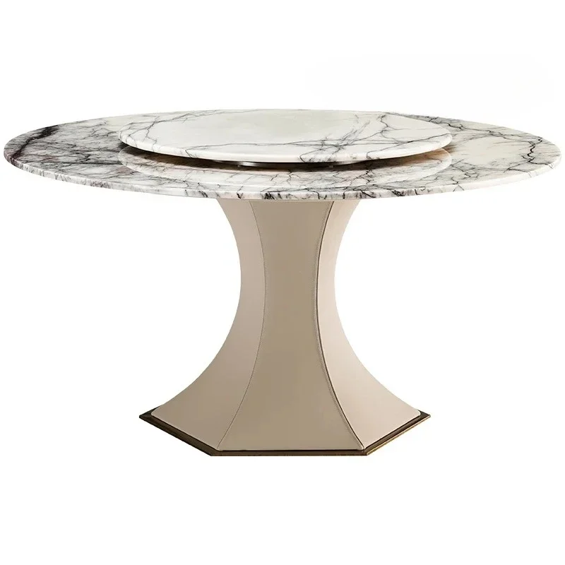 

Italian light luxury marble round dining table with turntable designer minimalist saddle leather luxury stone furniture