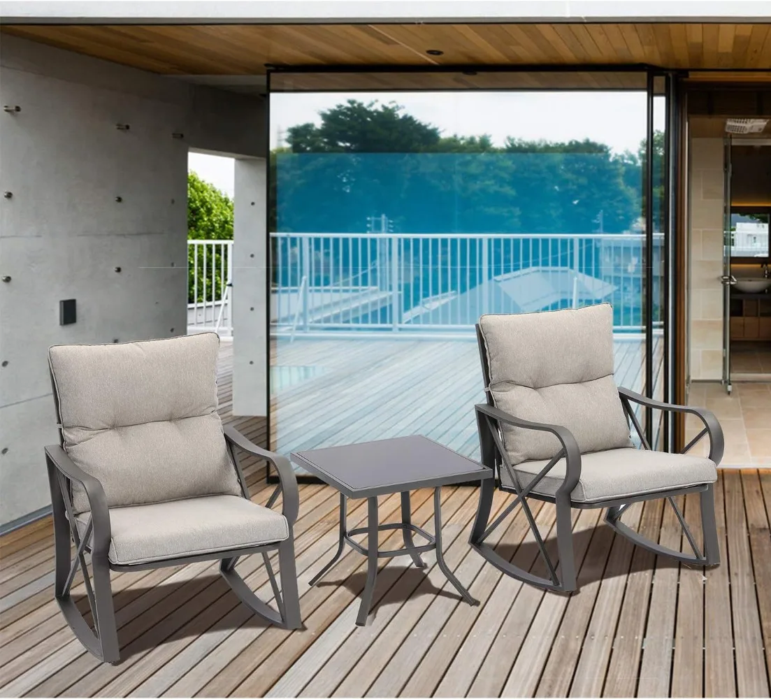 Outdoor 3-Piece Rocking Bistro Set, Modern Patio Furniture Set w Warm Gray Cushion, Glass Coffee Table, Small Rocker