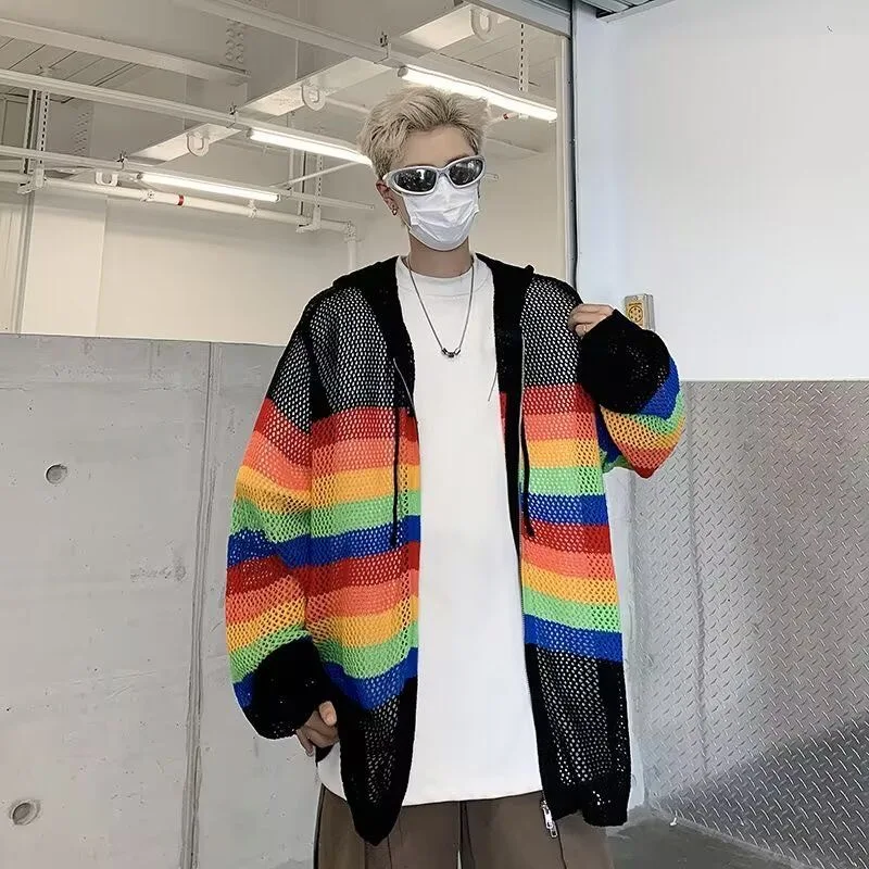 

Male Unisex Lovers Party Night Club Shirts Tops Male Hooded Knit Ins Chic Dopamine Hit Color Zipper Festival Hippie Coat Jackets