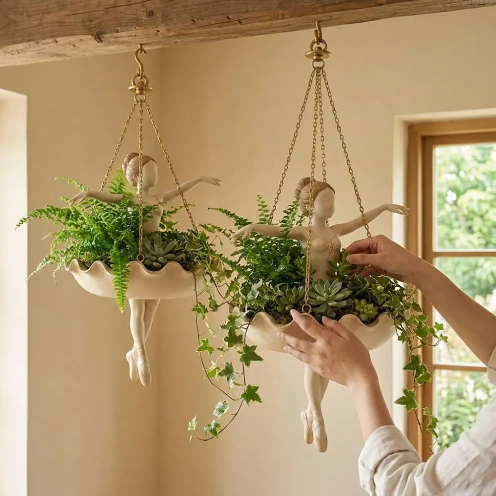 Resin Ballet Dancer Hanging Planter Whimsical Elegant Ballerina Figure Girl Hanging Plant Basket Vintage Weather Resistant