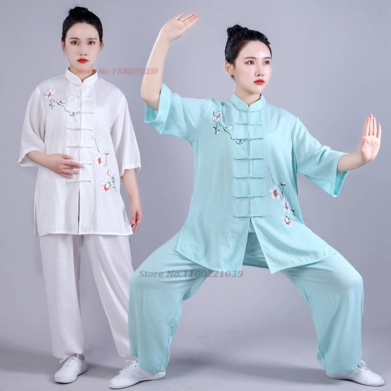 

2025 chinese tai chi kungfu uniform martial arts flower print cotton linen kung fu wushu set sports morning training exercise