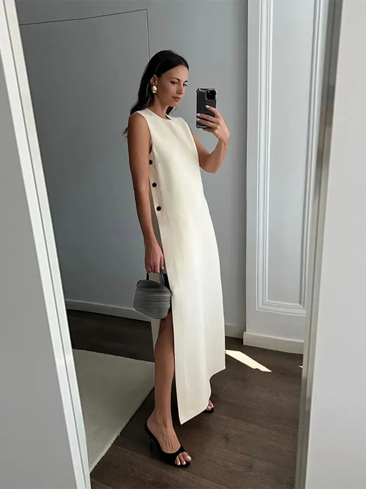 

Women Elegant Side Buttons Split Maxi Dress Fashion O-neck Sleeveless Solid Dresses Summer Female Casual Loose Street Robes