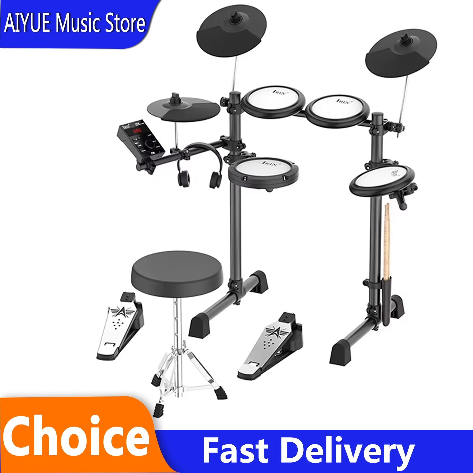 

Электронная ударная установка: 5 барабанов, 3 тарелки, силиконовые элементы, 300 звуков, подключение к наушникам, Bluetooth и USB MIDI, перкуссионная музыка