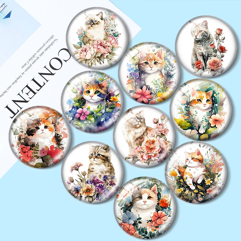 

Watercolor Floral Cats 10pcs mixed 12mm/18mm/20mm/25mm Round photo glass cabochon demo flat back Making findings
