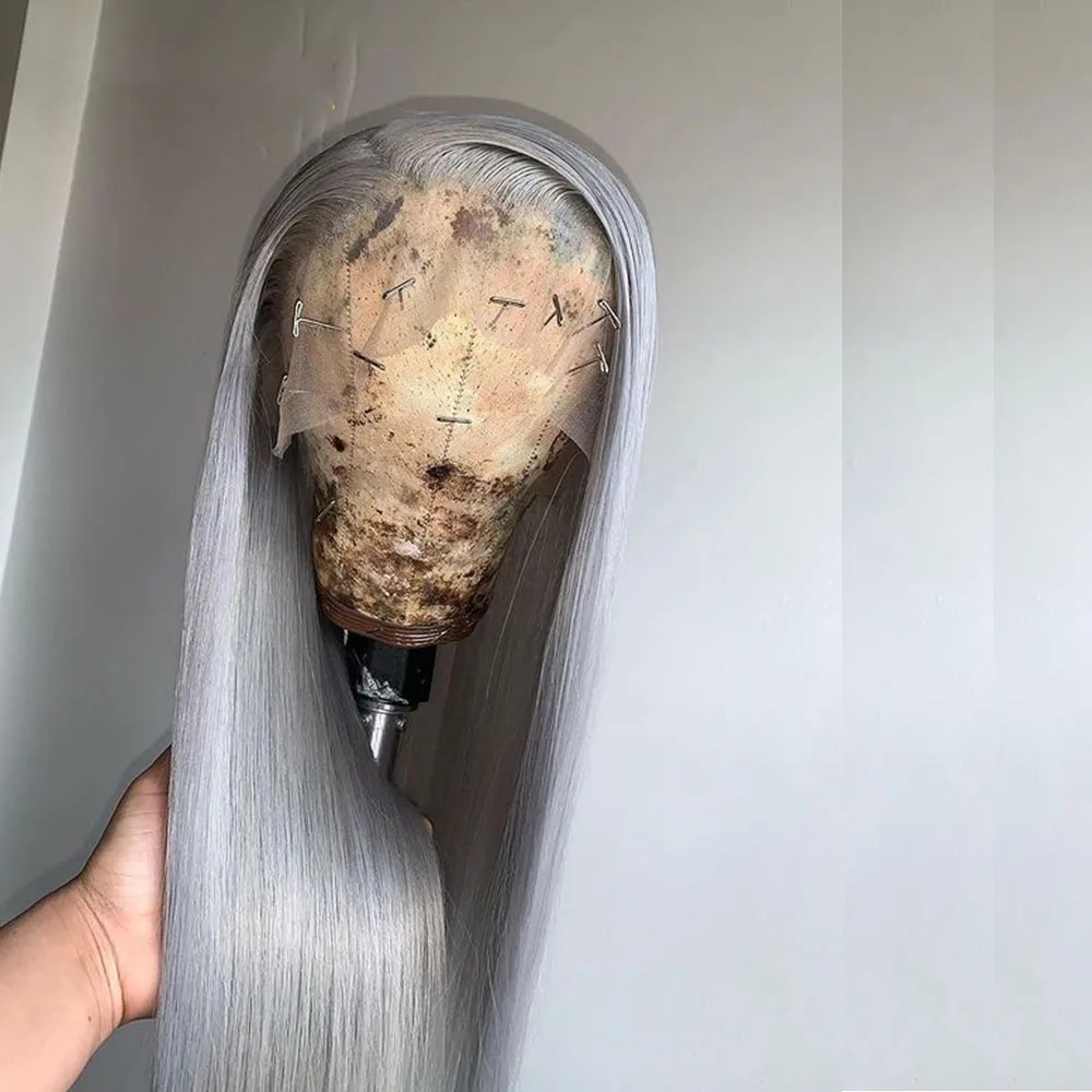 

26Inch Long Soft 180%Density Grey Silky Straight Synthetic Lace Front Wig Preplucked Glueless Wig For Women Baby Hair Daily