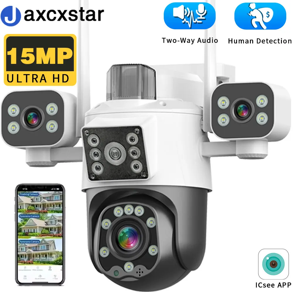 

15MP 3 lens 3 screen outdoor security camera, smart wireless 360° PTZ WiFi Ultra HD Smart motion tracking Outdoor waterproof nig