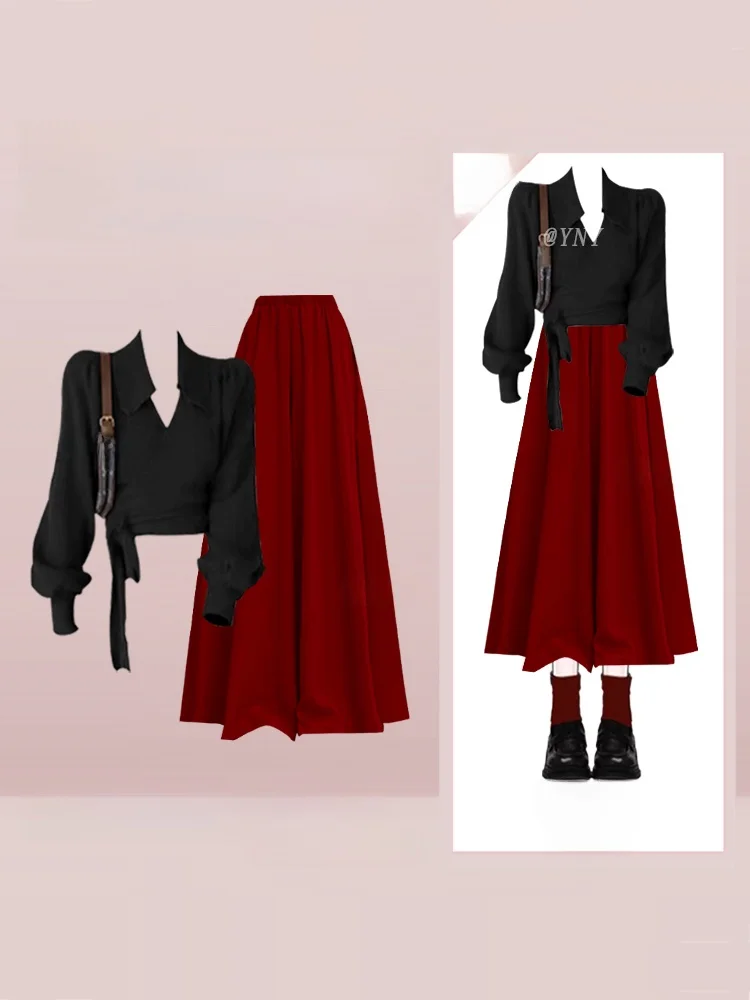 

2026 New Fashion High-End V-Neck Knitwear Women's Casual Waist-Cinching Slimming Set with Wide Leg Casual Skirt Pants