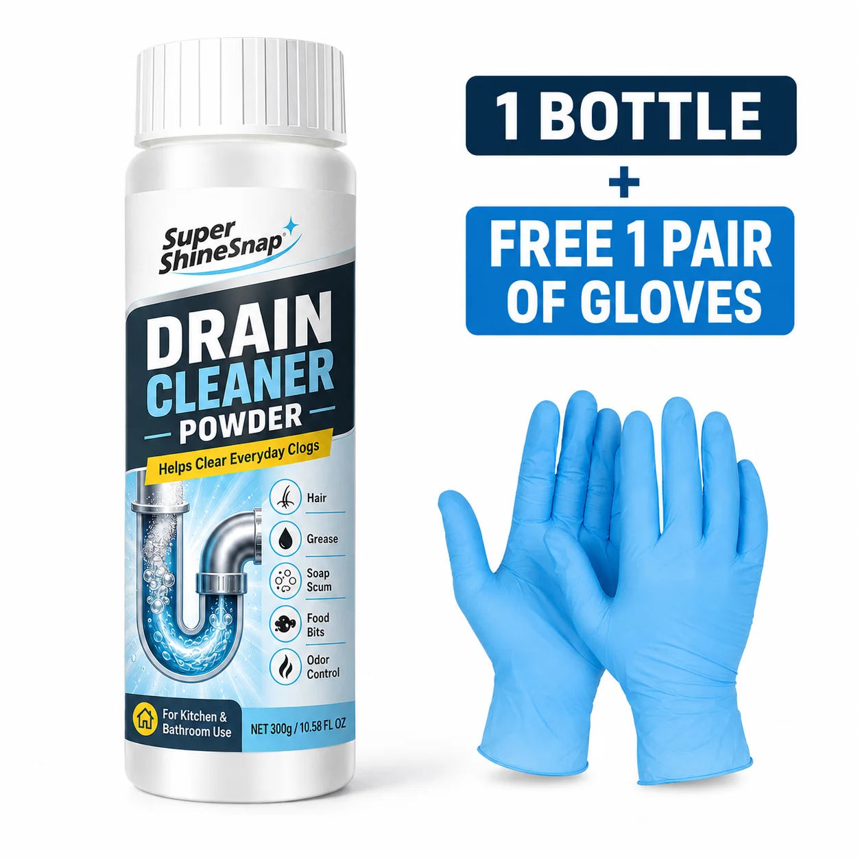300g Drain Cleaner Powder for Kitchen and Bathroom Use, White Powder Drain Care Cleaner for Hair, Grease, Soap Scum, Food Bits and Odor Control, Easy Household Pipe Cleaning Supplies view 5