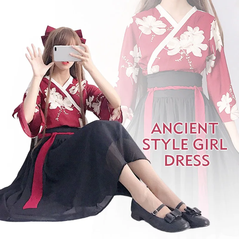 Lolita Kimono Girls Cosplay Anime Oriental Costume Japanese Korean Red Print Ancient Asian Dress Women Hanfu Photography Clothes