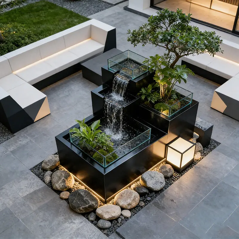BJ-2 Mujian Balcony Stainless Steel Fish Pool Flower Box Metal Water Flow Ornament Outdoor Terrace Courtyard Waterfall