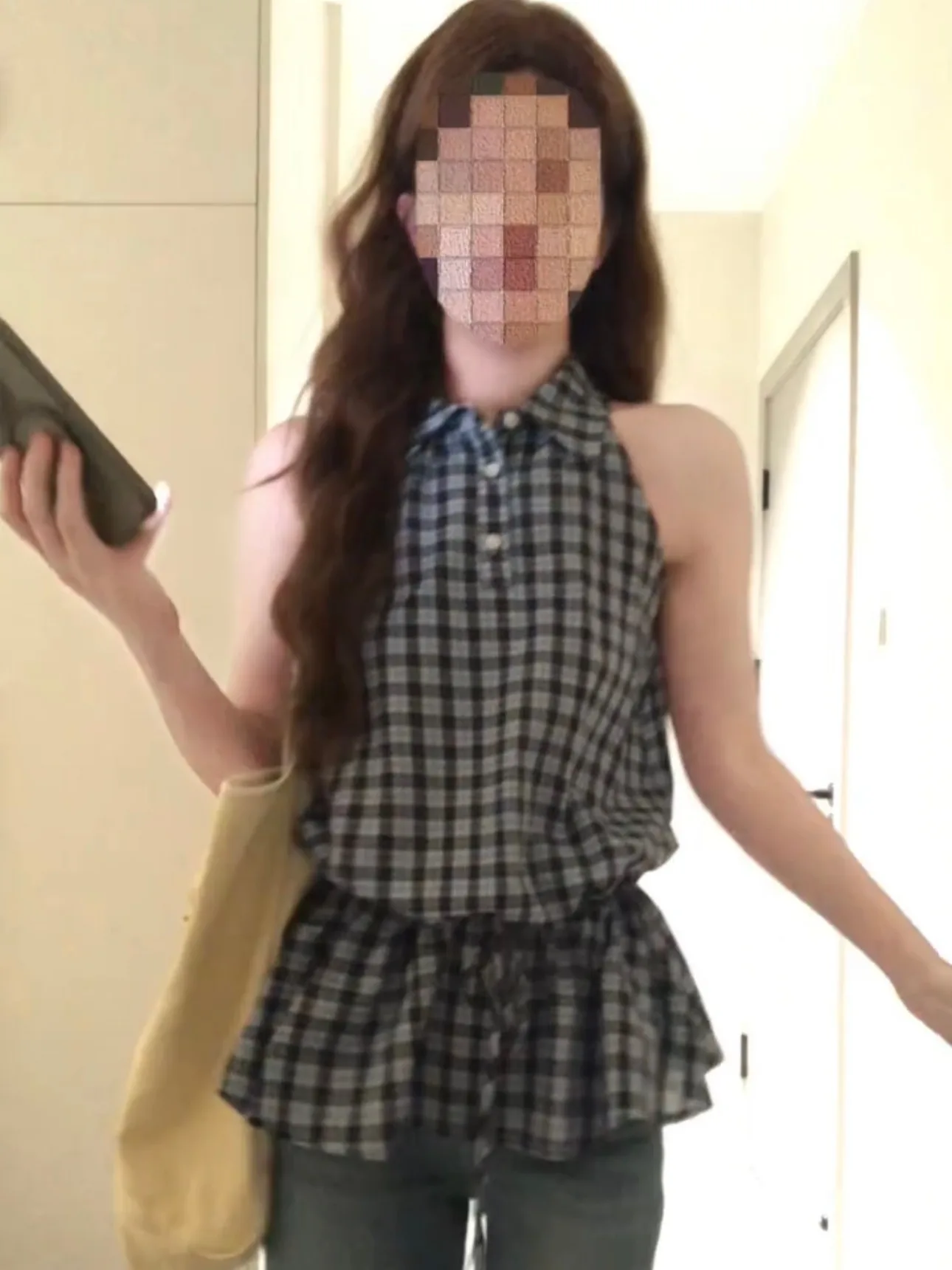 

Retro Blue Plaid Ne Hanging irt Women's Summer Design Dstring Waist Slimming Svel Ne Cotton Top