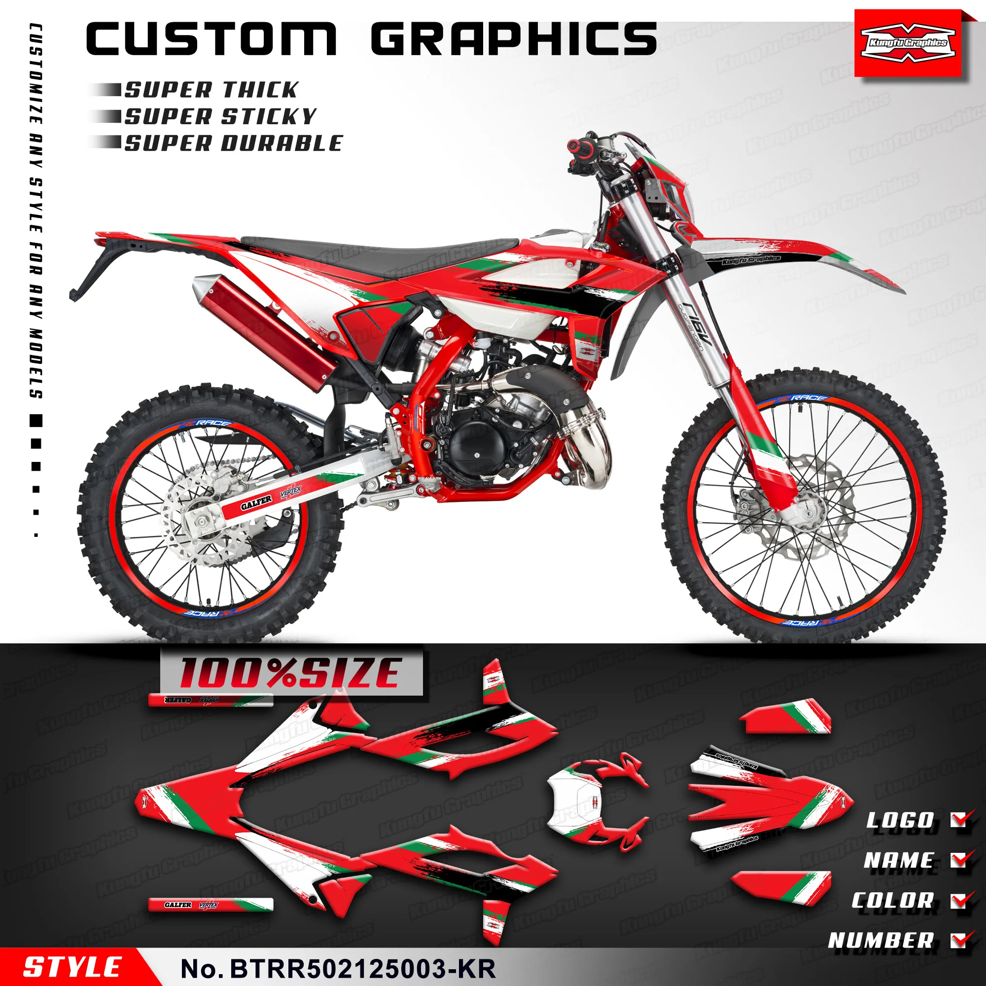 

Наклейки для мотоциклов KUNGFU GRAPHICS Racing для BETA RR 50 Race 2021 2022 2023 2024 2025, комплект для восстановления, BTRR502125003-KR