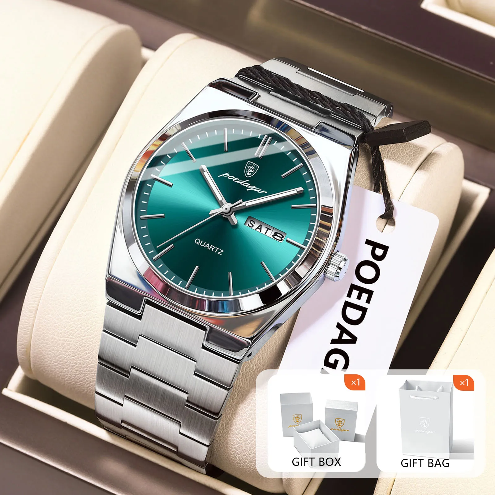 POEDAGAR Original Quartz Men's Watches Waterproof Luminous Date Week Men Watch Stainless Steel Luxury Casual Male Watch+Gift Box