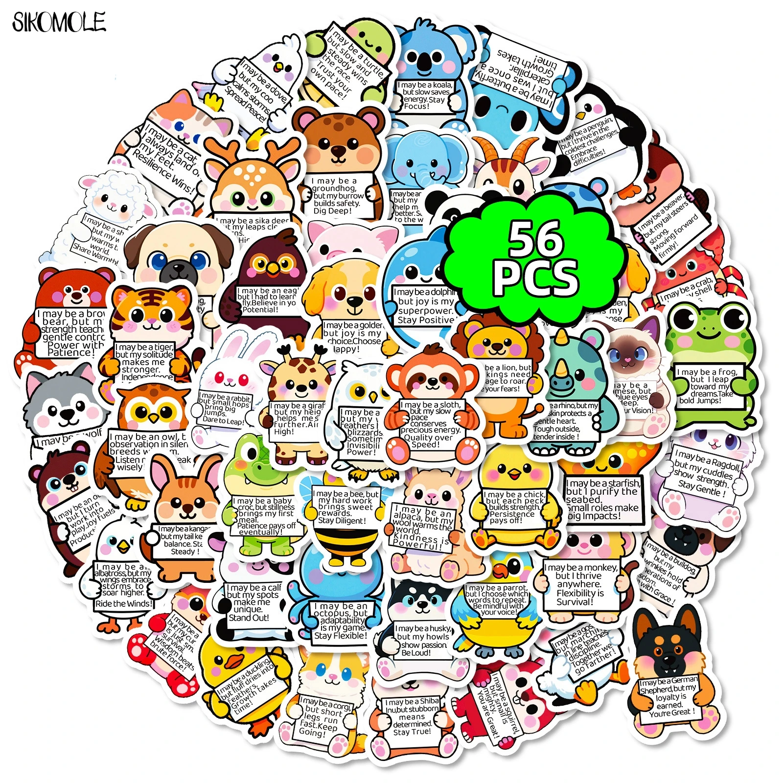 สติกเกอร์สัตว์ตลก 10/56/112 ชิ้น วลีภาษาอังกฤษสร้างแรงบันดาลใจ ของตกแต่ง DIY ของเล่นเด็ก สติกเกอร์ติดกระเป๋าเดินทาง สติกเกอร์กราฟฟิตี้