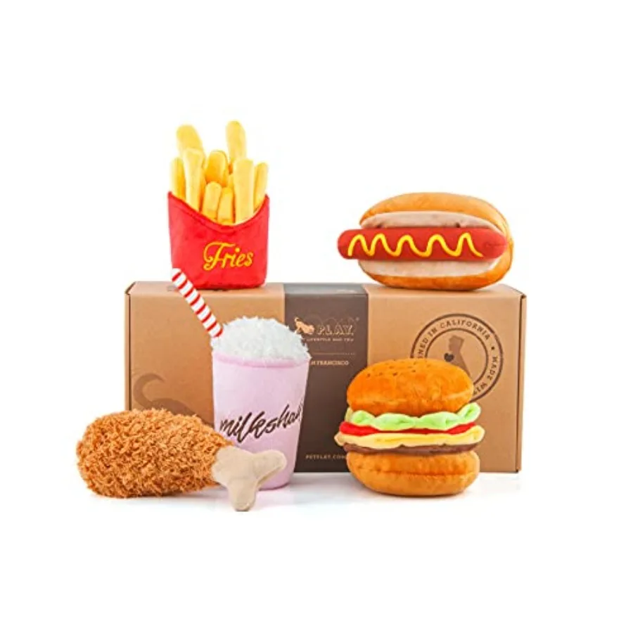 

Cute Plush Dog Toys - Fast Food Themed Durable Squeaker Chew Toys for Medium and Large Dogs - Machine Washable Recycled Materia