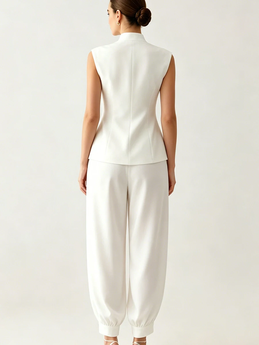 LIMO Women's White Chinese Style 2-Piece Set Sleeveless Mandarin Collar Vest & Harem Pants Casual Outfit