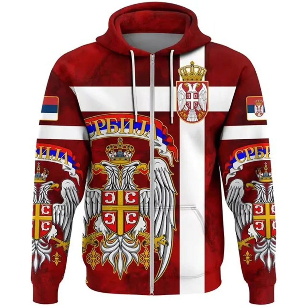 Men's Casual Fashion Serbian Flag Pattern Long Sleeve Hoodie Zipper Pullover National Emblem Digital Print Everyday Outfit