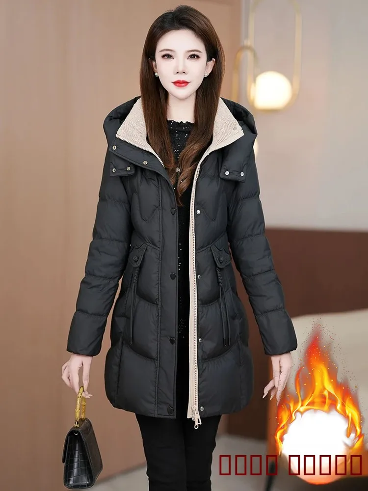 

Новая модная женская зимняя куртка средней длины из хлопка с капюшоном, приталенная, для мам