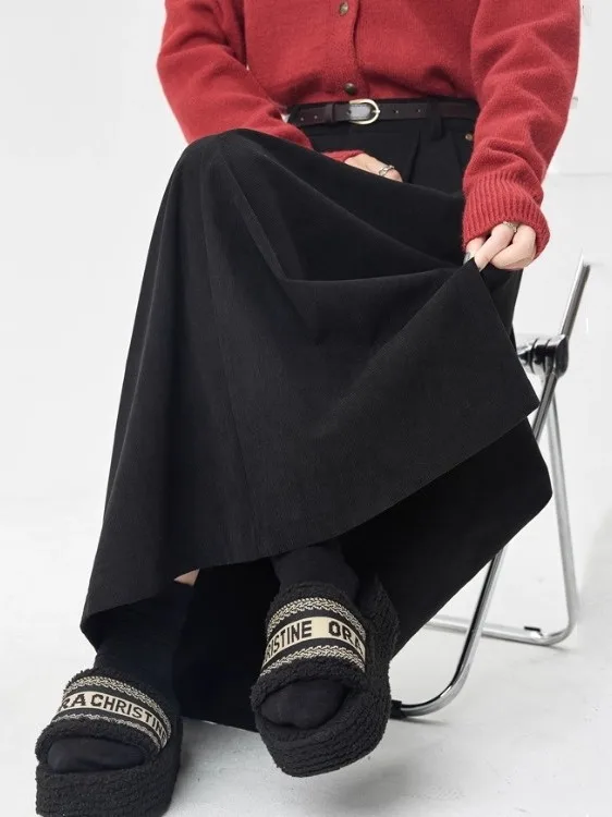 

Caramel Thiened Corduroy A-Line f Skirt Women's Autumn Winter High Waist Slimming Small Size Pleated Long Skirt