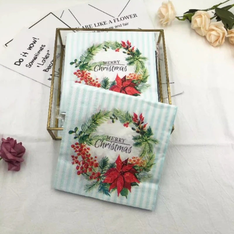 20pcs/Pac Colorful Printed Napkins Christmas Blue Wreath Model Food Grade Party Holiday Decoration Table Runner 2 Ply Cheap