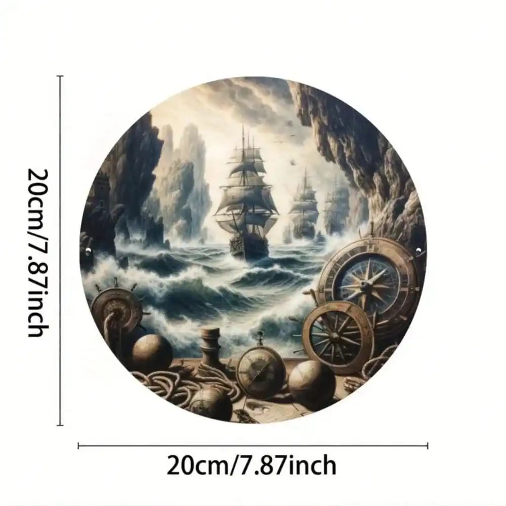 2D Flat High Definition Metal Wall Art Vintage Nautical Marine Theme Tall Sailing Ships in Stormy Seas and Rocky Cliffs with Ant