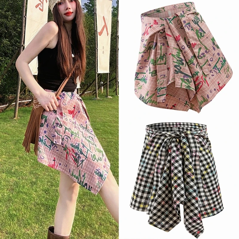 Womens Layering Short Wrap Skirt Plaids Pattern Hip Covering Apron Skirt Tie Up Irregular Overskirt Streetwear Womens