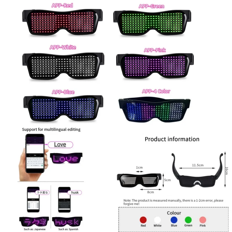 Lunettes Lumineuses LED Bluetooth avec Affichage de Texte Programmable, Langues Personnalisées, Charge USB, Accessoire de Carnaval