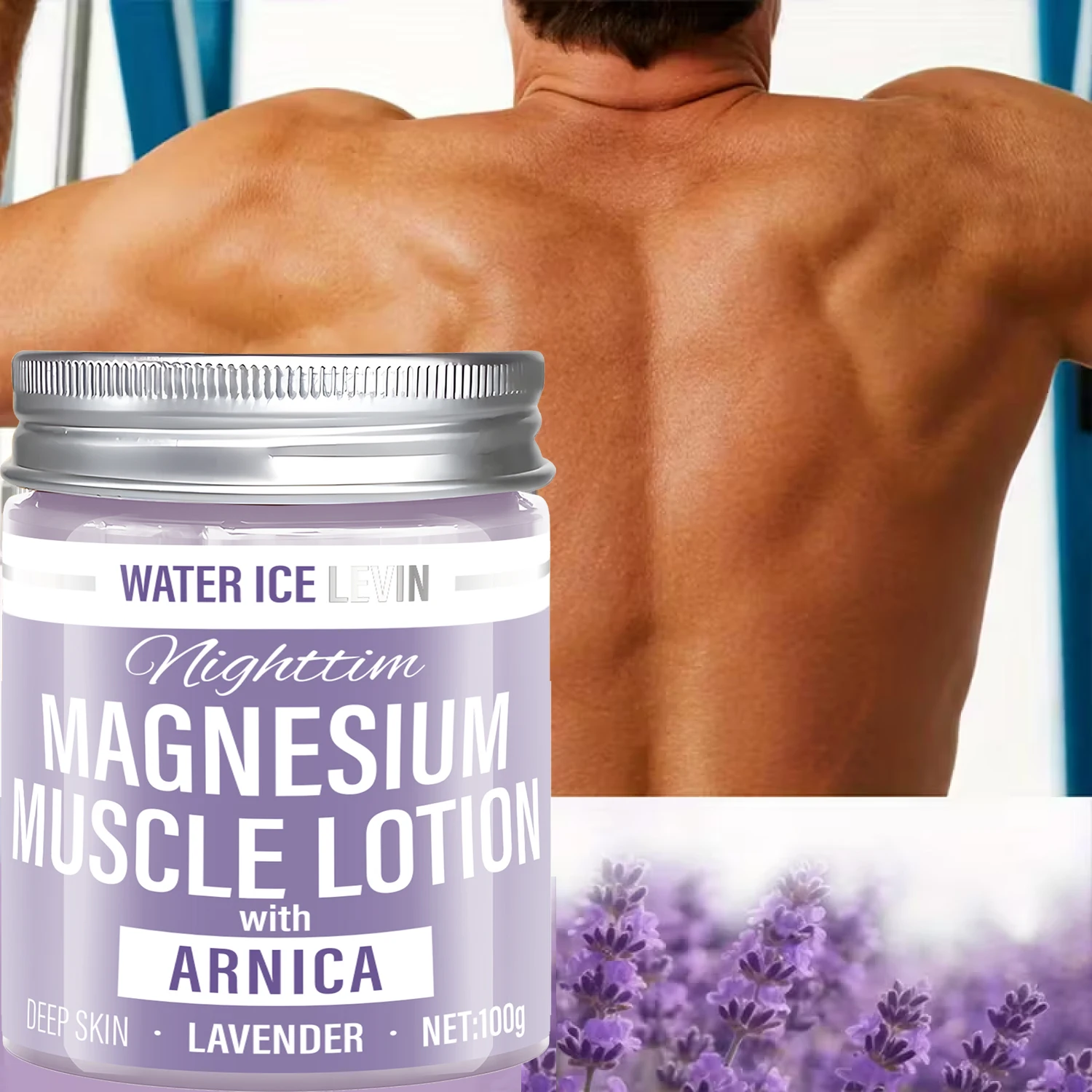 Loción muscular de magnesio con ácido hialurónico y lavanda para una hidratación profunda y un alivio calmante, liviana y de absorción rápida.