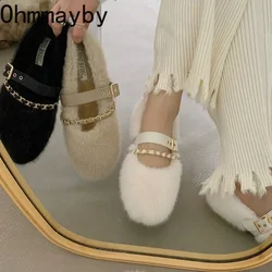 Designer Spring Autumn Women Warm Fur Shoes Fashion Shallow Slip On Ladies Flats Shoes Round Toe Women's Mary Jane Shoes
