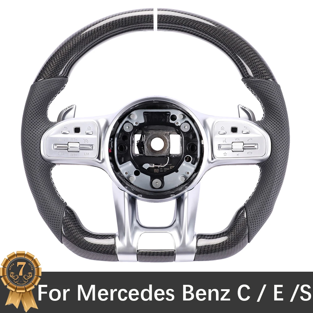 For Mercedes Benz C / E /S / G Class Black Carbon Fiber Material Multifunctional Steering Wheel With Front Label Assembly