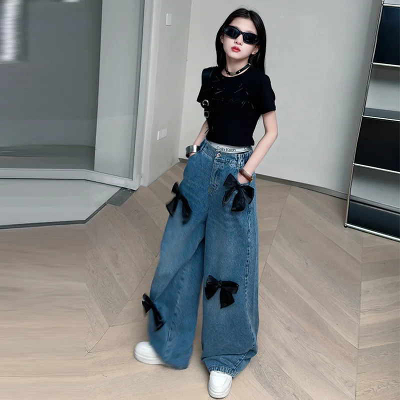 Teenage Girls Street Bow Jeans Elastic Mid Waist Loose Kids Denim Trousers New 2027 Spring Fashion Children Cute Wide Leg Pants 4