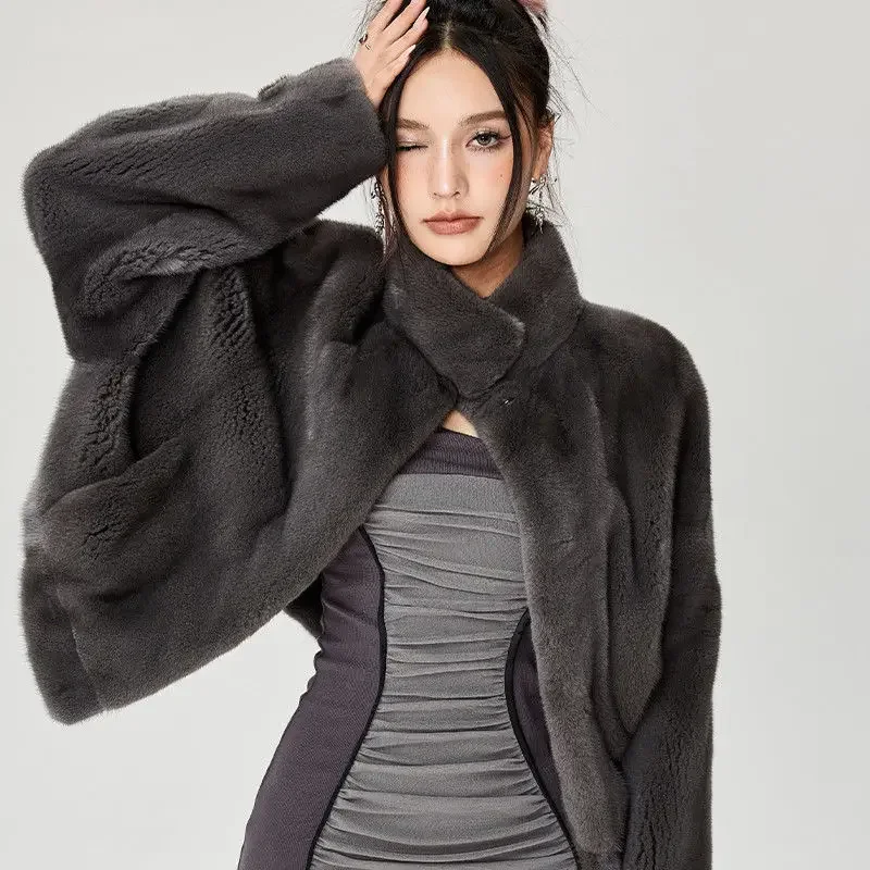 Korean Version Mink Fur Velvet Imitation Fur Short Style Stand Up Collar Slimming Jacket for Women