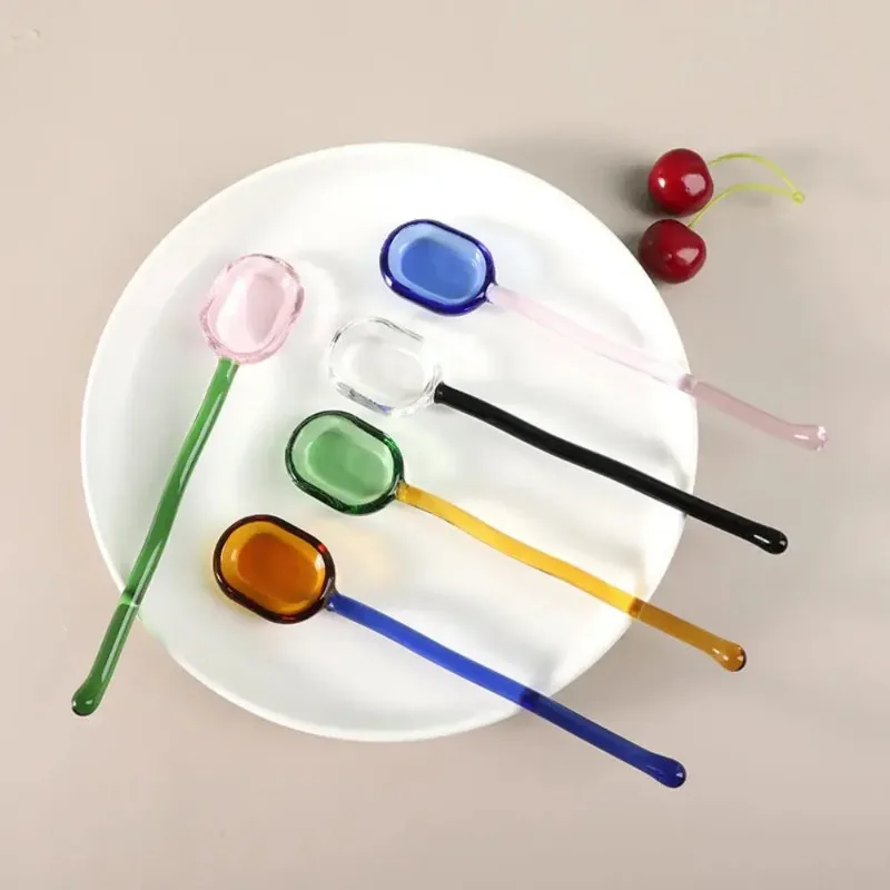 1pc Glass Dessert Spoon Solid Color High Temperature Resistant Spoon Creative Long Spiral Handle Juice Coffee Stirring Spoon