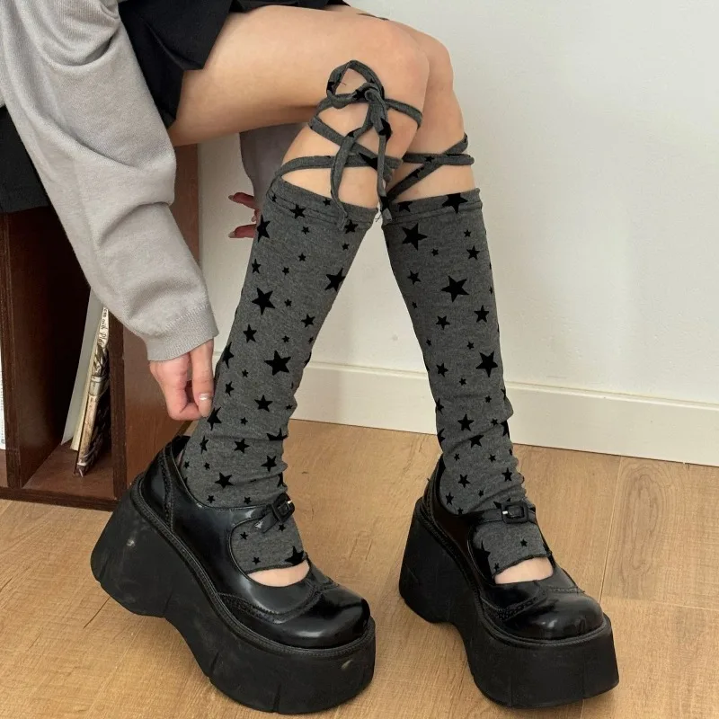

SP&CITY Spicy Girl Star Cross Strap Calf Women's Socks Unique Design Middle Tube Stomping Foot Pile Sock Casual Breathable Sock