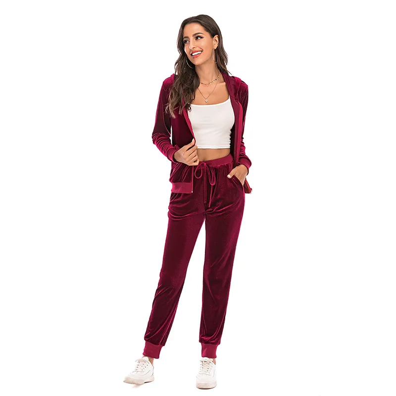 Velour Tracksuit Womens 2 Piece Sweatshirt Sweatpants Set Hoodie Sweatsuit with Pockets Casual Sportswear Autumn Winter Gym