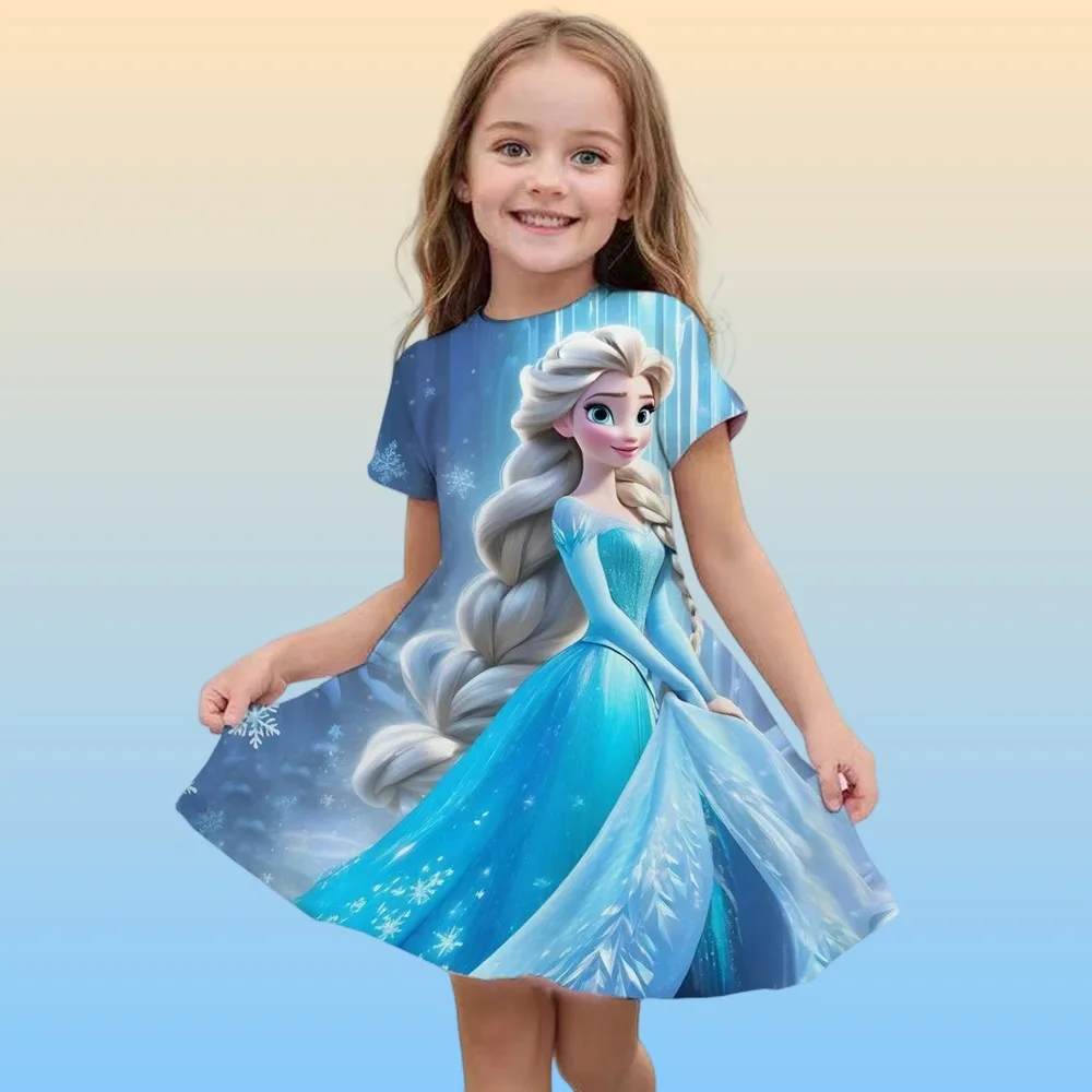 

Cartoon Frozen Disneyland Trip Casual Dress for Little Girl Soft Princess Frock Kid Elsa Print Snow Queen A Line Summer Clothing